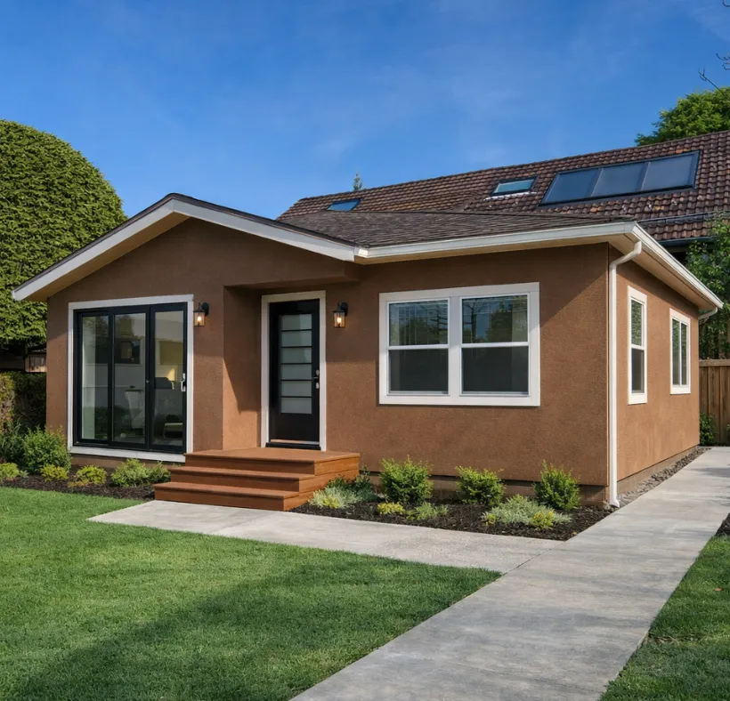 Modern detached backyard ADU built with stucco exterior in Los Angeles California