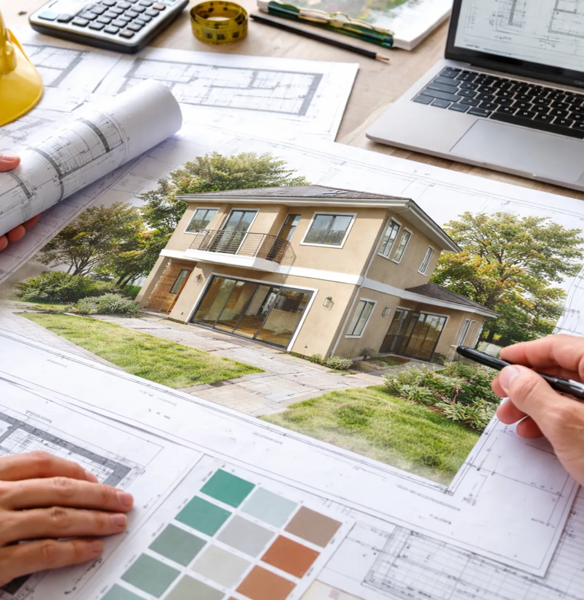 ADU architectural design and permit planning process in Los Angeles showing blueprints and accessory dwelling unit concept design