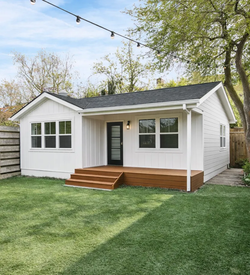 Modern detached backyard ADU home built by Los Angeles ADU builders with porch and contemporary design