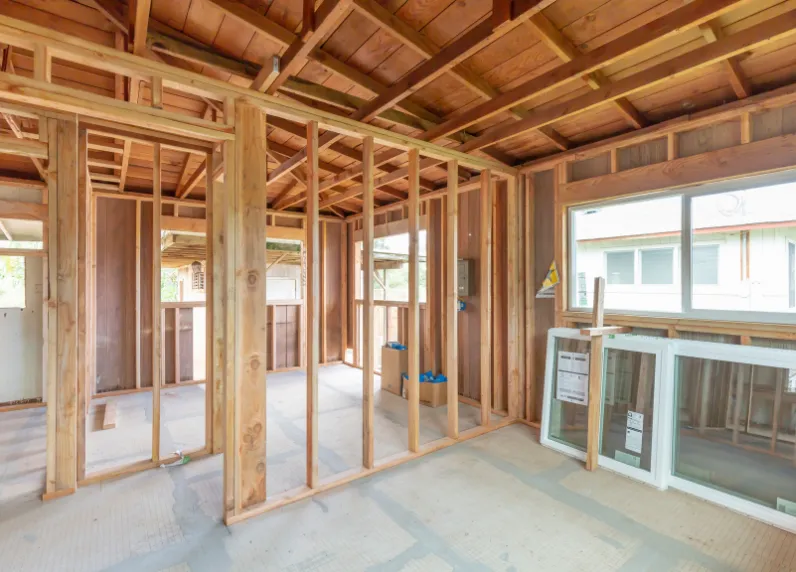 ADU construction wood framing stage by Los Angeles ADU builders creating a backyard accessory dwelling unit structure