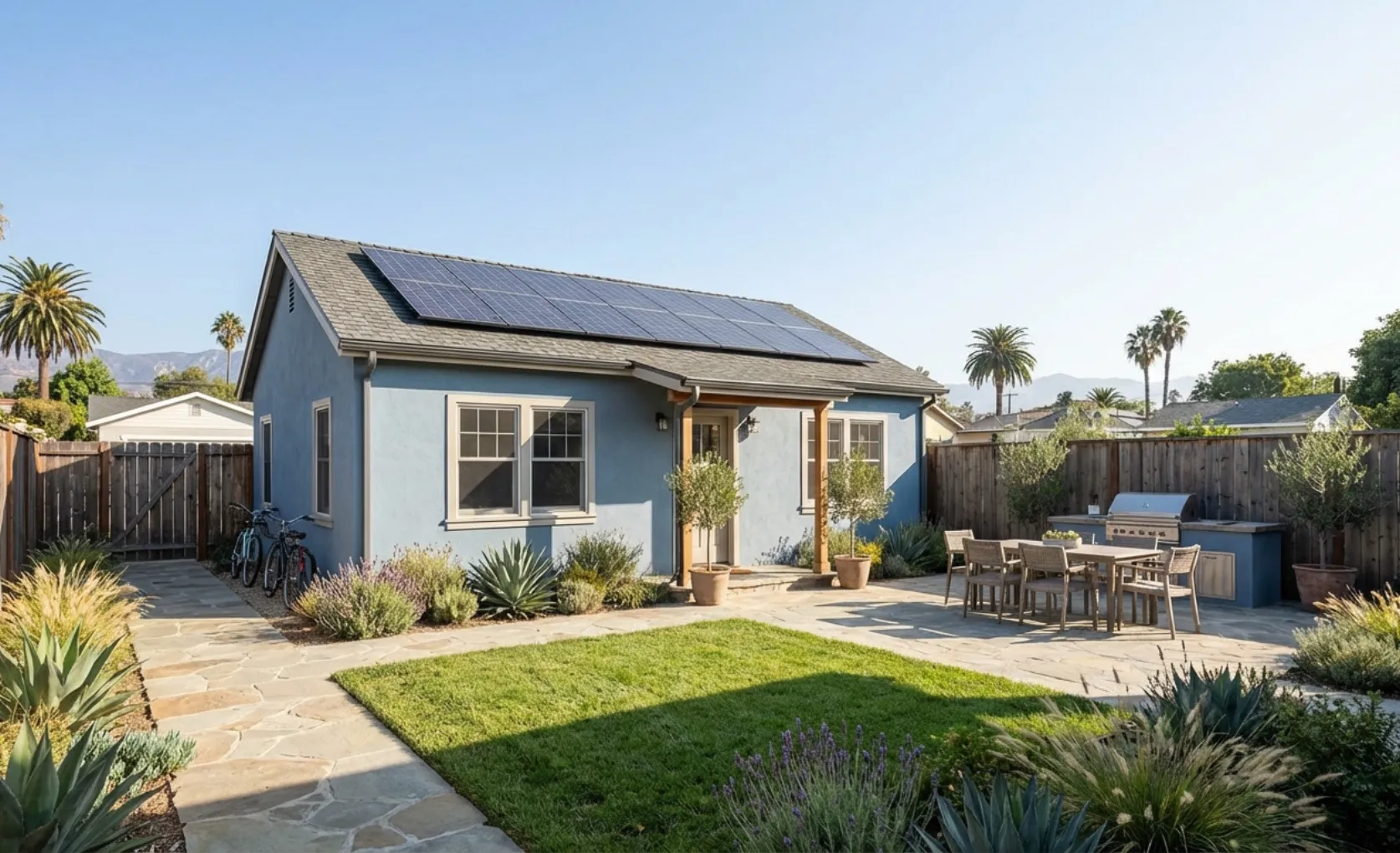 Backyard accessory dwelling unit in Los Angeles designed with solar panels and landscaped yard as part of ADU architectural planning and permit approval process