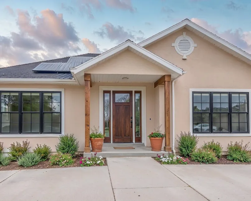 Renovated ADU guest house in Los Angeles with modern exterior design, covered entry porch, and landscaped front walkway