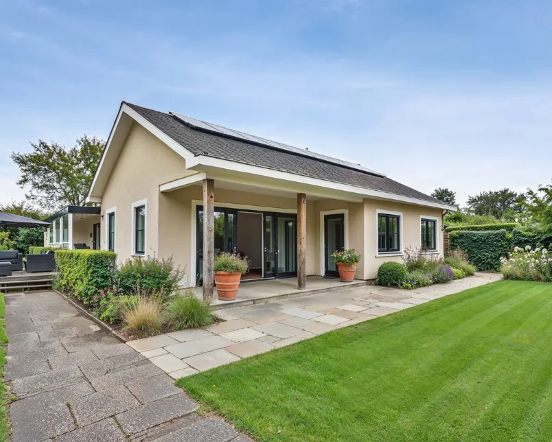 Custom backyard cottage construction in Los Angeles with covered porch, modern windows, and private backyard living space