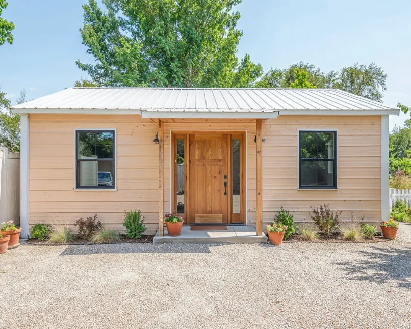 Garage to ADU conversion in Los Angeles showing a finished backyard accessory dwelling unit with wood siding, private entrance, and modern residential design