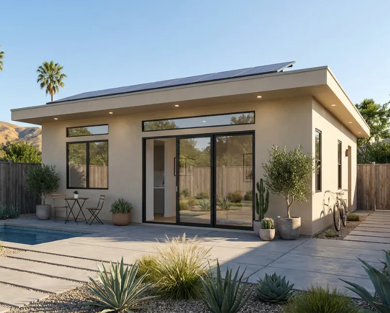 Modern backyard ADU architectural design in Los Angeles with flat roof, large glass doors, and energy efficient solar panel system